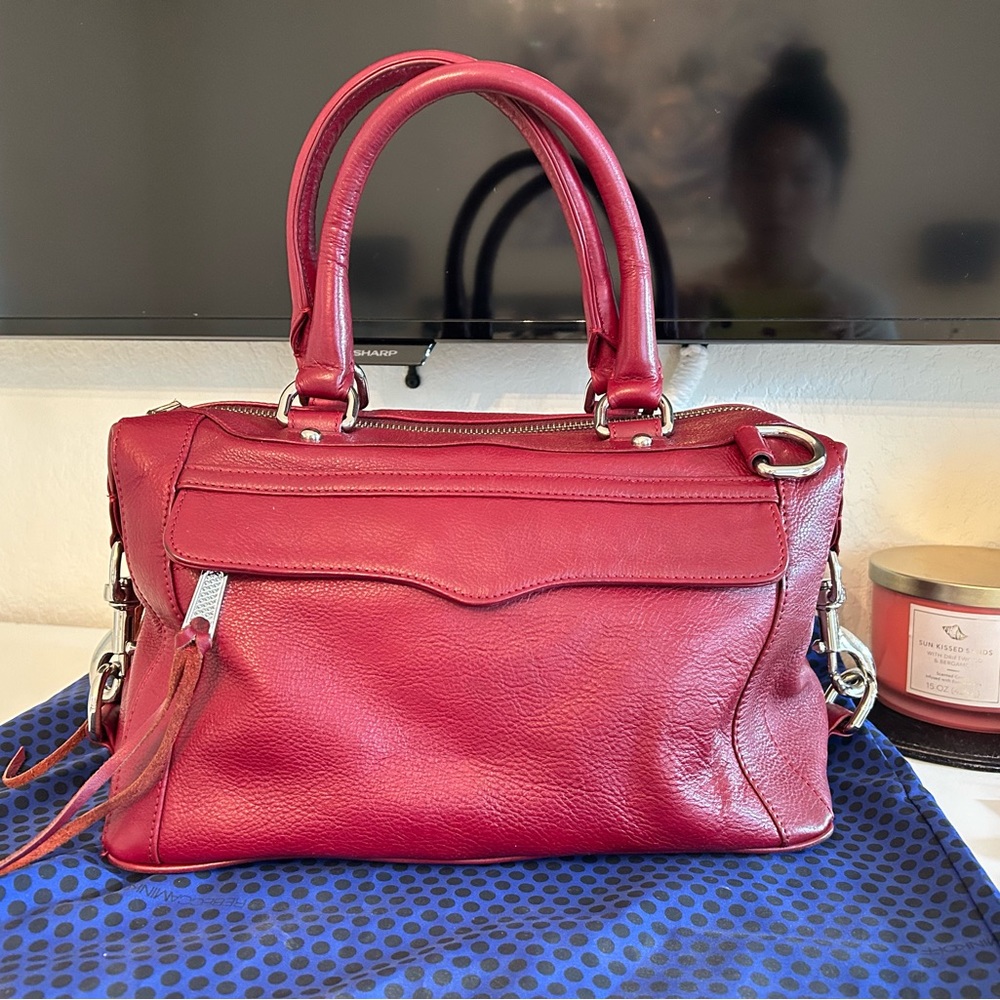 REBECCA MINKOFF M.A.B Solid Leather Handle Bag Red Color